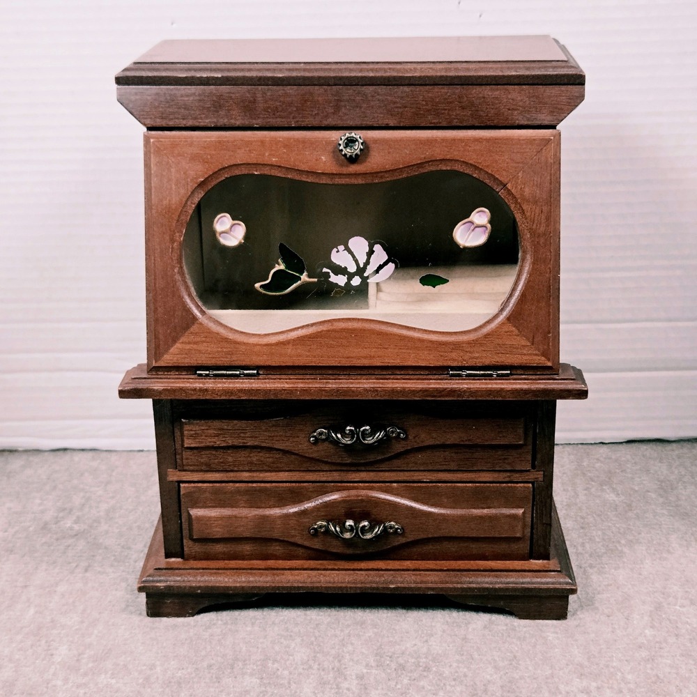 Vtg Wood Jewelry Box Stained Glass Floral Inlay 2 Drawers Ring Organizer Brown